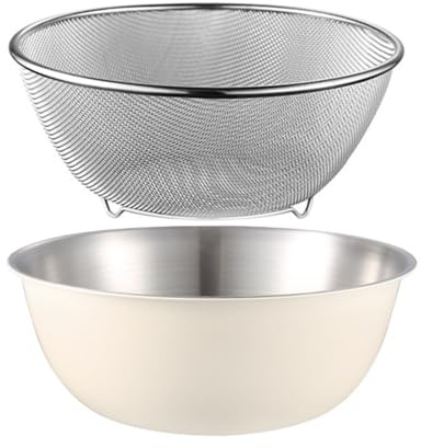 Scolapasta in acciaio inossidabile 304 con ciotola, per lavare riso, insalata, colino, insalata, colino per riso, scolapasta per lavare frutta e verdura (ciotola beige, 26 cm)