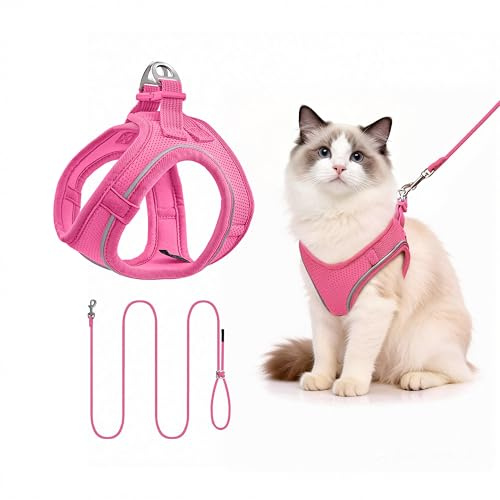 Hundegeschirr mit Leine 255cm S Set, Reflektierend (Rosé) | Brustgeschirr Für Kleine Hunde & Katzen, Atmungsaktives Mesh, Anti-Ausbruch, Weich, Spaziergang