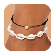 FLHEART 2 Stücke Fußkettchen für Frauen - Handgewebte Verstellbare Fußschmuck Muschel Fussketten Silber Herz Fusskette für Damen Mädchen Sommer Strand Sandale Barfuß Fußkettchen Schmuck Geschenke