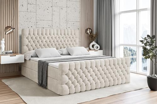 ALTDECOR Boxbett mit H3-Matratze Fußteil Serene-Z - 200x200 - Beige | Lattenrost, Topper, Boxspringbett mit Bettkasten, Bett mit Stauraum, Doppelbett, Polsterbett