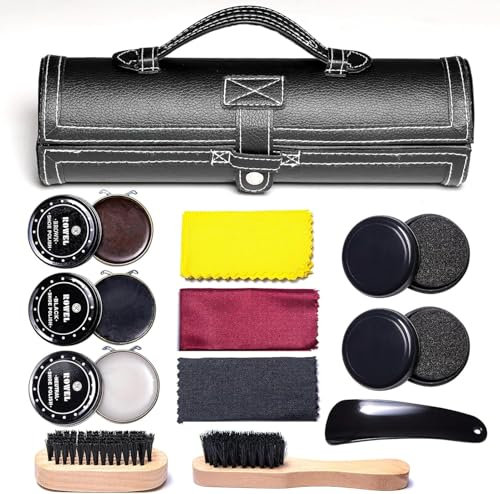 Skoputs kit rengöring glans vård tunna set för brunt svart läder med borste resväska lyxig premium mjukt hästhår borst dauber, skohorn, Lökmönster, En storlek