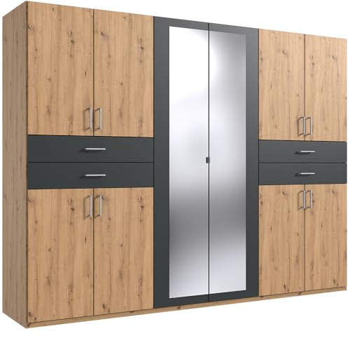 Lomadox Kleiderschrank mit Spiegel, 270 cm breit Garderobenschrank Wardrobe Schlafzimmerschrank Schrank modern in Eiche mit Graphit