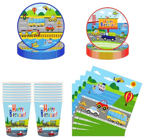 Cars Party Tableware Set,Cars Birthday Decorations Transportation Theme Party Plates Cups and Napkins,Car Party Decorations Birthday Paper Plates and Cups for Kids Boy Birthday Party Supplies