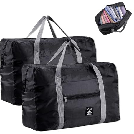 Faltbare Reisetasche, EIN Satz von 2 Stück Handgepäcktaschen, Handgepäck Tasche für Flugzeug, Sporttasche, Weekendertasche, für Urlaub, Einkaufen, Reisen und das Fitnessstudio, Schwarz