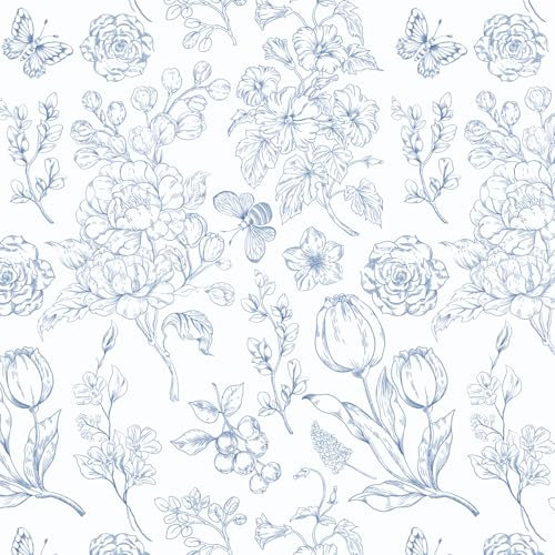 Fiula Papel tapiz autoadhesivo floral para despegar y pegar, color azul y blanco, 44 x 300 cm, envoltura de vinilo para muebles, papel de contacto impermeable, extraíble para sala de estar, dormitorio