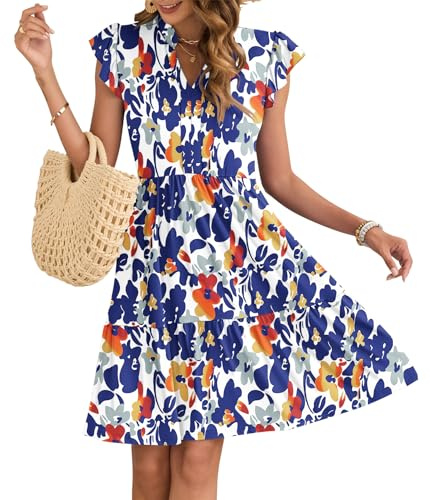 AUSELILY Vestito Donna Estivo con Scollo a V Maniche a Volant Mini Abito Vita Elastica Vestiti Casual con Tasche Fiori Blu Arancione M