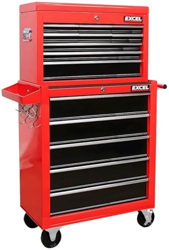 Excel 14 25 Drawers Tool Chest Storage Roller Cabinet Black and Red - Metal Tool Chest with Drawers, Wheel, Handle, Lockable Tool Box Trolley for Garage Workshop