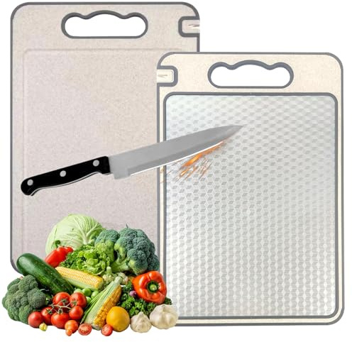 Schneidebrett Edelstahl, Doppelseitiges Schneidebretter (304-Edelstahl und Weizenstroh), Schneidebrett Spülmaschinenfest, Küchenbrett mit Saftrille & Schärfkante, Cutting Board Rutschfest
