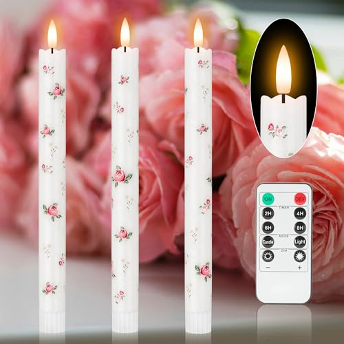 JOIONE Flameless Taper Candles with Remote, 3-Pack Battery Operated LED Real Wax Pink Rose Candles, Perfect for Spring Summer Romantic Home Decorations Fireplace Coffee Table, Rose