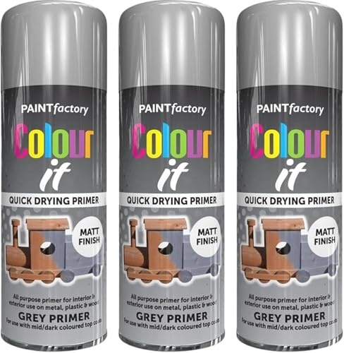MIXEL All-Purpose Grey Primer Spray Paint, Quick Drying, Indoor and Outdoor Use, Matte Finish, Easy to Apply, Long-Lasting, For Metal, Wood, & Plastic, 250ML (3 PCS)