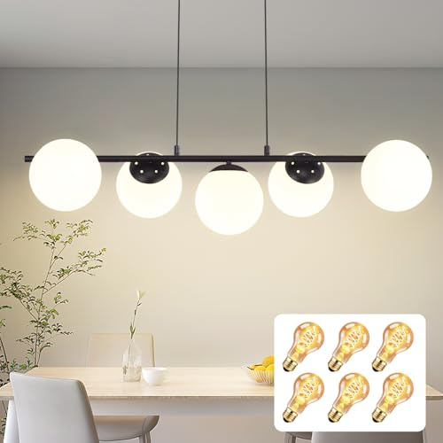 ZMH Pendelleuchte Esstisch Hängeleuchte Modern Esszimmerlampe Schwarz | 5 Flammig Vintage Glaskugel Hängelampe 150CM Höhenverstellbar mit 6 4W E27 Leuchtmittel Hängeleuchte für Esszimmer