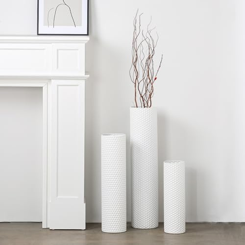 Dnnnii Set di 3 vasi da pavimento alti, vasi cilindrici in metallo bianco, per angolo soggiorno, struttura moderna a nido d'ape, decorazione in piedi extra large (più alto 70 cm, decorazione per la