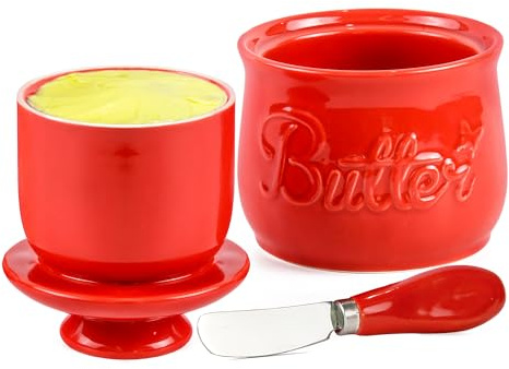Rixordd Beurrier rouge et couteau à tartiner en acier inoxydable – Beurrier français avec ligne d'eau, beurrier de comptoir – Porcelaine sans plomb, passe au lave-vaisselle, rouge vif