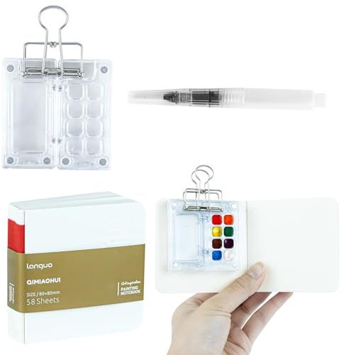 Mini Tavolozza Acquerelli Set, Portatili Tavolozza da Viaggio Trasparente 8 Griglie con Album da Disegno e Pennelli Palette Painting Tavolozza per Studenti Pittori Artisti, 1 Pezzi