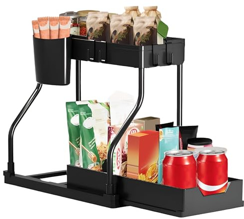 Elecbee R-shaped Under Sink Storage Kitchen Organiser, 2 Tier Pull- Out Cabinet Drawer Cupboard Shelf with 4 Hooks and 1 Hanging Cup, Utility Room Storage Solutions for Kitchen, Bathroom, Office