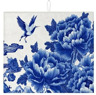 Blue Floral Dish Drying Mats For Kitchen Counter, Vintage Blue Peony Absorbent Dish Drainer Rack Mat, Spring Microfiber Drying Pad For Kitchen Counter Coffee Bar Protector 16x18 Inch