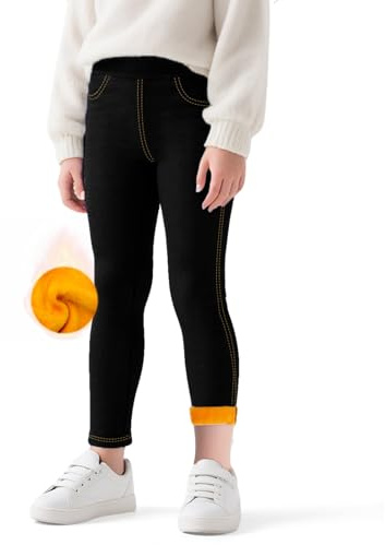 Baogaier Termoleggings för flickor, jeansoptik, fodrade termoleggings med fleece, barn, vinter, varma, långa byxor med fickor, jeggings, termobyxor, vinterleggings, 4–10 år, storlek 104–140, svart