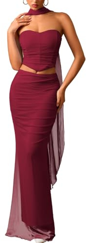 ChiaoLezhee Mesh Floor Length Skirt Set Corset Tube Top Scarf Semi Formal Wedding Guest Strapless Bodycon Ruched Long Dress Maxi Sets for Women 2 Piece Two Evening Prom Cocktail Red Burgundy Medium