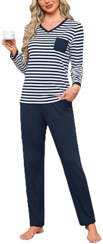 Terecey Ensemble Pyjama Femme Long en Coton Vêtements de Nuit Haut Rayé avec Poche et Pantalon Tenue de D'Intérieur Femme pour Dormir et Détente à la Maison, Bleu Marine, M