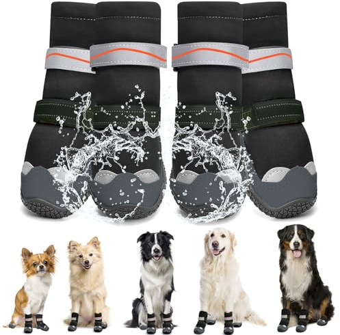 Eyein Hundeschuhe Pfotenschutz Wasserabweisend, hohem Design Hundeschuhe mit warmem Fleece und reflektierenden Riemen, rutschfeste Hunde Schuhe für Regen- und Schneewetter, Schwarz, Größe 5