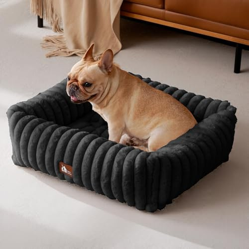 Upvilla Luxus Hundebett,Weiches Hundesofa,waschbarer Hundekorb M Schwarz | Superweiches Kaninchen-Kunstfell-Bezug, dick aufgefüllte Stützpolsterung, integrierter Tragegriff, Kleintierbett, Katzenbett