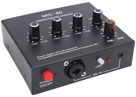 Aramox Micro Gain Booster, Sortie XLR Alimentation 48V Préampli Microphone Balancé, Amplificateur 3 Canaux 10-60dB pour Micros Dynamiques et à Condensateur