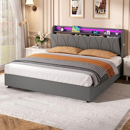 Ball & Cast Bed with Storage, 5ft Ottoman Bed Frame with Headboard & Hydraulic, Upholstered Bed with LED-Lighting & Charging-Station, Linen, 150x200 cm, Grey, No Mattress