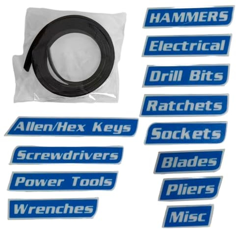 Eventerde Magnetiska etiketter verktygslåda, 12 stycken avtagbara organisatoriska etiketter, verktygslådaklistermärken, för stålvagnar, lådor, skåp och
