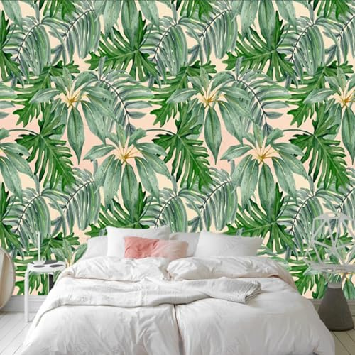 XLMING Fresh Retro Tropical Plants Green Leaves 3D Wallpaper Premium Textured Silk Study Dining Living Room Bedroom Sofa TV Wall Easy Install-250cm×170cm