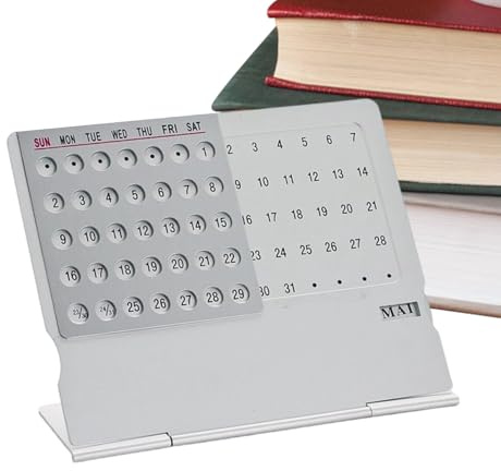 Stainless Steel Desktop Calendar, Metal Perpetual Desk Calendar, Desk Date Display, Adjustable Date Display, Silver, 10.5x8.7x3.1cm, Reusable Office Supplies for Home and Workplace