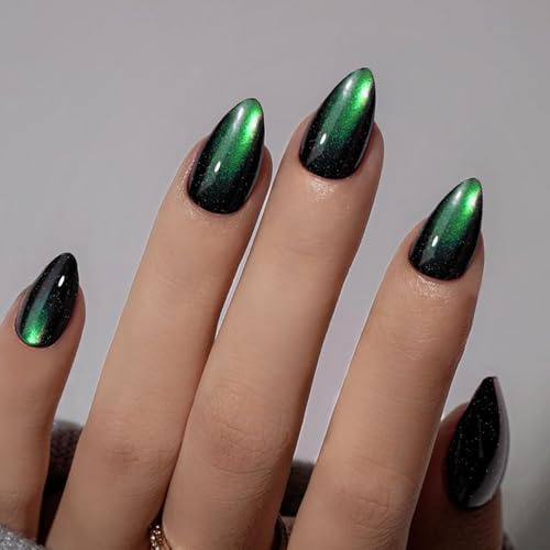 KQueenest Cat Eye Press On Nails Short Almond, Halloween Press On Nails, Sparkle Neon Green Black Fake Nails Stiletto, Soft Gel Glue On Nails for Woman, Long-Lasting Glitter Effect, 30 Pcs
