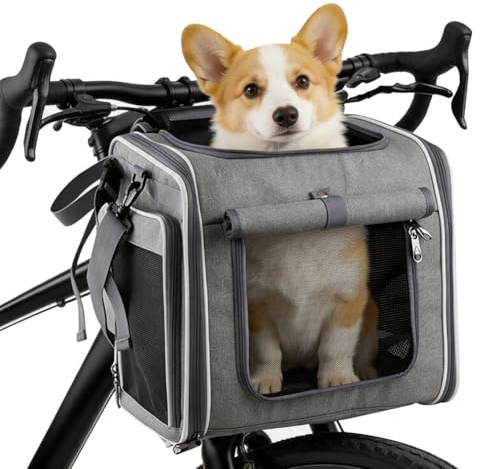 Hundekorb Fahrrad Vorne bis 10KG, Hundefahrradkorb, Faltbarer Atmungsaktiver Hundefahrradkorb, Erweiterbarer Hunderrucksack, mit 4-Offenen Türen, 4-Mesh-Fenster, für kleine Hundekatzenwelpen