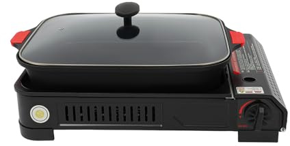Deinungen Fornello a gas con padella e coperchio con manico, set barbecue a gas da campeggio portatile da 2100 W, piccolo fornello a gas per esterni, barbecue, viaggi, trekking (teglia con manico, 45
