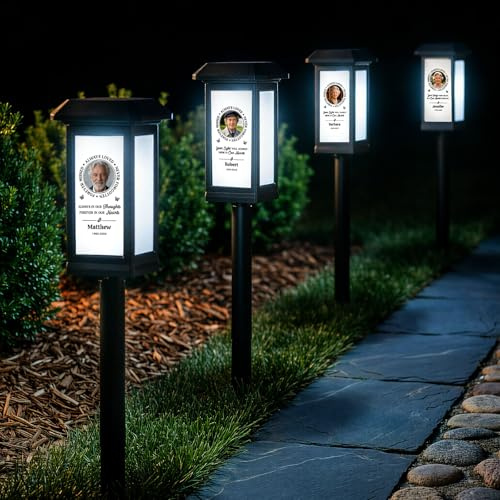 ELULAE Lampes Solaires Personnalisées Cimetière, Lampes Chemin Solaire Photo Nom, Lumière Extérieure Tombe Jardin Balcon Cour, Cadeau Souvenir Êtres Chers