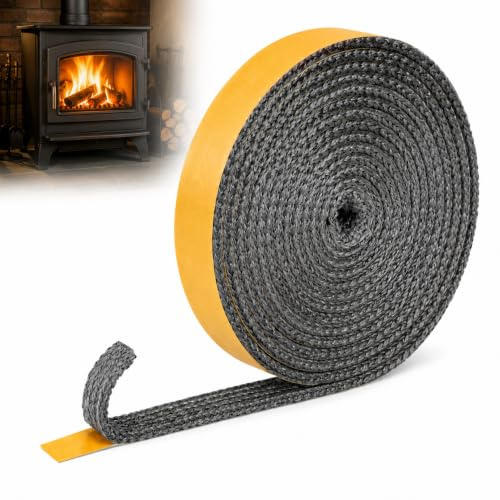 Junta Puerta Chimenea, 3 mm × 10 mm × 3 m sello Autoadhesivo para Estufa de Leña, sellos de fibra vidrio para Estufa/Chimenea/Tubo de estufa, Resistente al Calor 550 Grados Celsius
