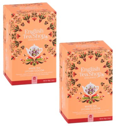 English Tea Shop® | Té Bianco Lychee & Cacao | Té Raccolto a Mano Sri Lanka - 2 x 20 Bustine (80 Gr) | Tè Bianco Rilassante