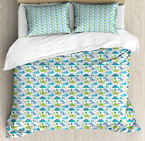 Ambesonne Dinos Duvet Cover Set, Jurassic Pattern with Cartton Dinosaurs in Modern Scandi Style Funny Print, Decorative 3 Piece Bedding Set with 2 Pillow Shams, King Size, Multicolor Lime Green