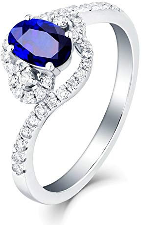 AMDXD 18Karat Weißgold Ringe für Damen, 0.66ct Sapphire Tropfen Oval Form Eheringe Diamantring Blau Gr.52 (16.6)