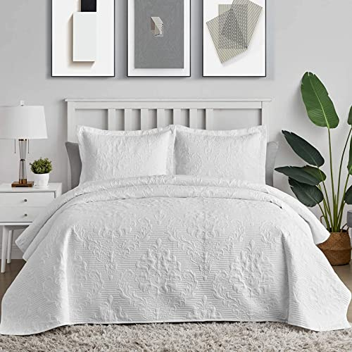 XIUWOUG Dessus De Lit 2 Personnes 240X260 Patchwork Boutis Couvre Lit Matelassé De Luxe Coton Patchwork Couverture 3Pcs Parures De Lit 2 Taies d'oreiller,Blanc,240X260CM