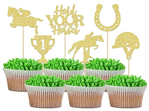 Gyufise 24Pcs Derby Horse Cupcake Toppers Gold Glitter Horse Racing Cupcake Picks Sports Equestrian Theme Baby Shower Kids Birthday Party Cake Decorations Supplies
