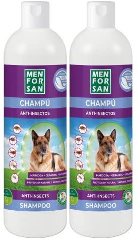 MENFORSAN Champú Anti-Insectos Perros con 3 Activos Naturales: Margosa, Geraniol y Lavandino, Verde, Pack de 2