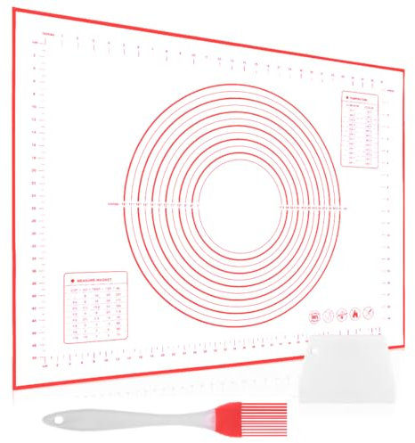 Miorkly Groß 80x60cm Backmatte Silikon, Silikonmatte Baking Mat Rutschfeste, Antihaftbeschichtete Backunterlage mit Messung, für Fondant Gebäck Pizza, BPA Frei(Rot + Schaber)