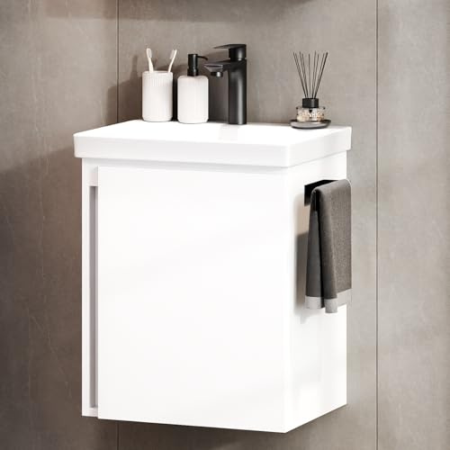 Planetmöbel Waschtisch mit Unterschrank 50 cm, weiß | inkl. Waschtischarmatur schwarz, Badmöbel Set für Gäste Bad und WC, hängend