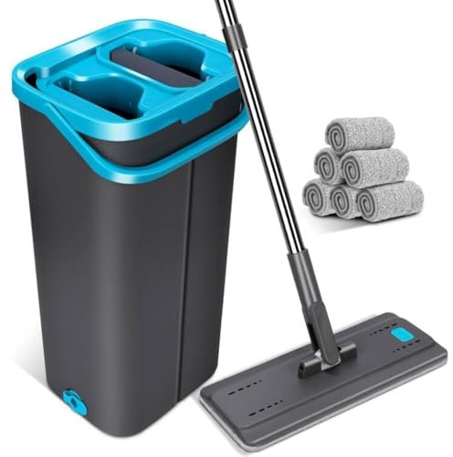OZD Flat Mop and Buckets Sets, Floor Mop Bucket with Wringer, Wet & Dry Use Microfibre Mopp for Cleaning Hardwood Laminate Tile Floors - 6 Microfibre Mopp Pads