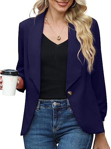 PrinStory Blazer för kvinnor 3/4 rynkade ärmar kavaj företag kontor kavaj kostym sportig jack trenchcoat, Marinblå, 44-46