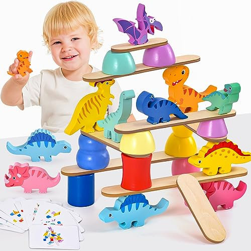 Atoylink Dinosaurier Stapelsteine Montessori Holzspielzeug ab 2 3 4 5 Jahre Stapelspiel Balancespiel Dinosaurier Stapeln Bausteine Leitfadenkarten Motorikspielzeug Geburtstags Geschenke für Baby