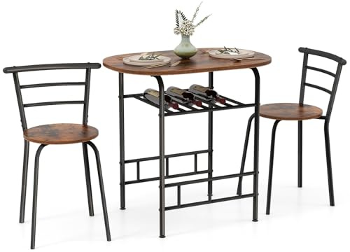 GiantexUK 3-Piece Dining Table Set, Kitchen Table Set (Brown + Black) | Metal Frame Compact Breakfast Bar Table Set with Storage Shelf, 2 Chairs for Home Kitchen Living Room Apartment Office