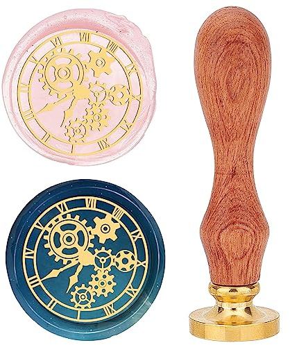 craspire Uhr-Wachssiegelstempel, 25 mm, Abnehmbarer Messingkopf, Vintage-Zahnrad-Siegelwachsstempel Mit Holzgriff Für Hochzeitsumschläge, Einladungen, Geschenkkarten, Dekoration