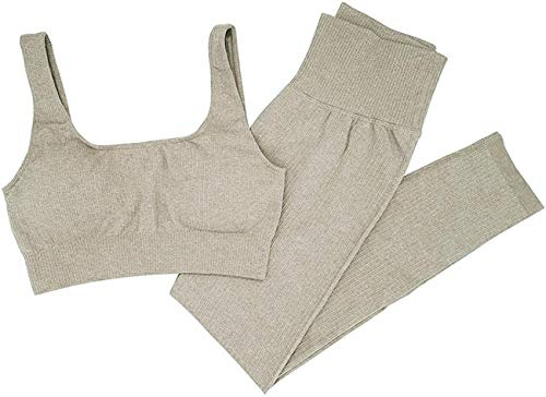 MAYROUND Ensemble de yoga sans couture pour femme - 2 pièces côtelées - Haut à manches longues et taille haute - Legging de gym - Ensemble de vêtements de sport pour femme, kaki, XS/S