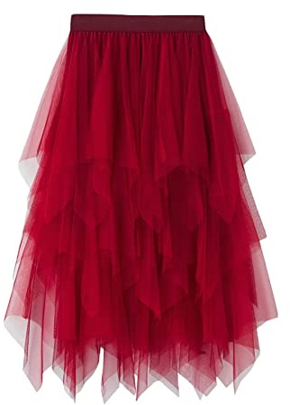 Edhomenn Women's Y2k Tulle Skirt Irregular Pleated Elastic High Waist Layered Tutu Skirt Mesh A-line Midi Skirt Streetwear (Red, ONE Size)